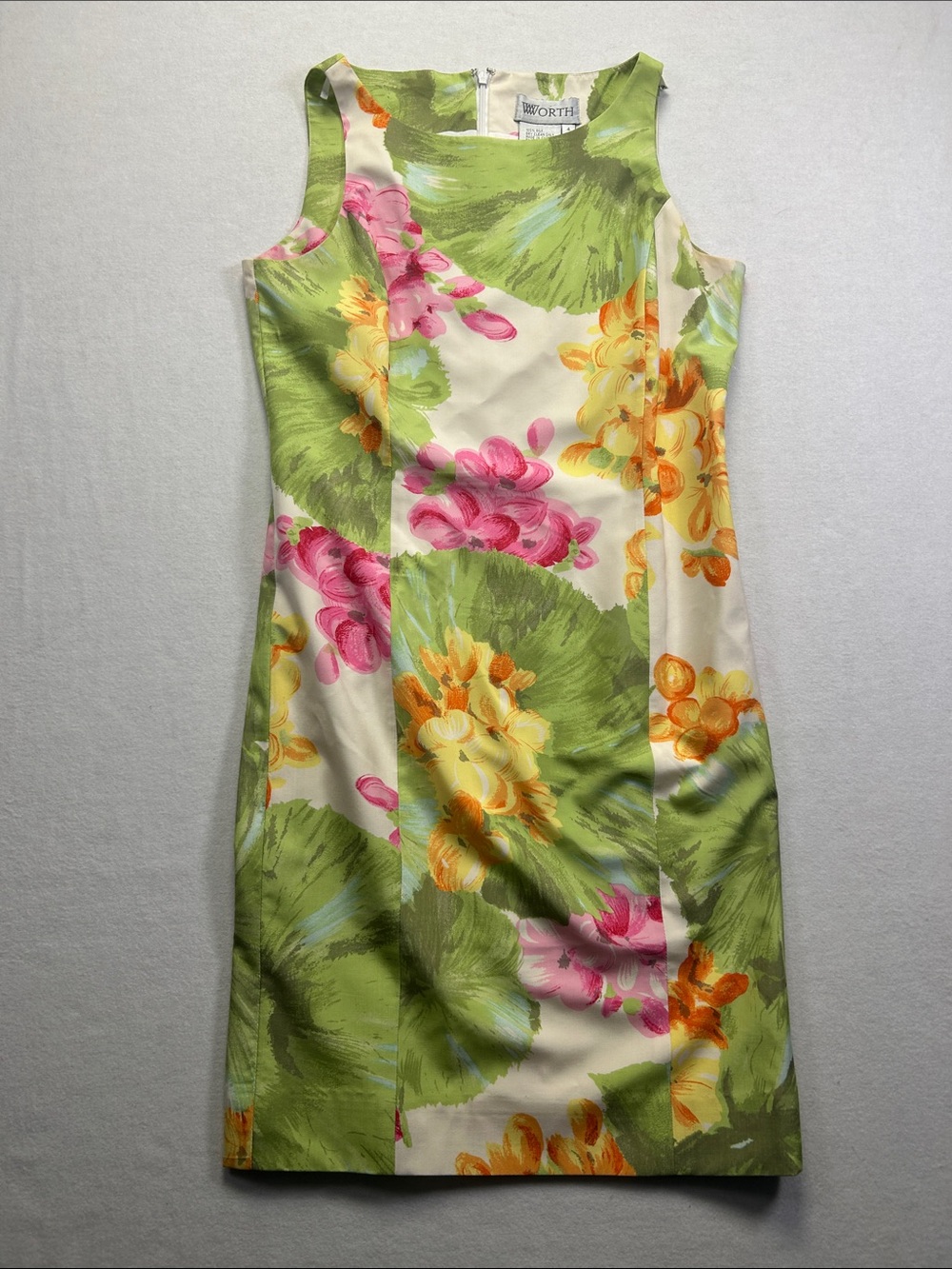 Vintage Worth Floral Shift Dress in Green, Pink & Yellow 100% Silk
